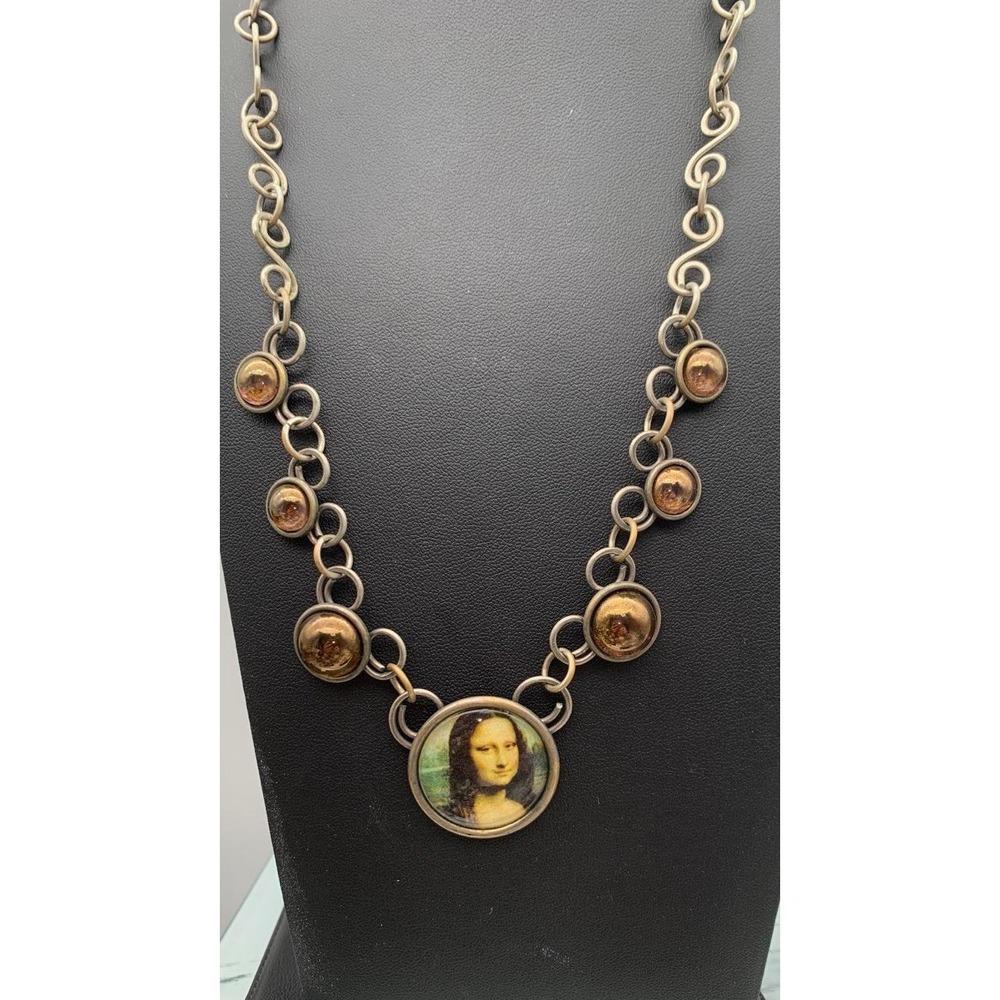Vintage Brutalist Hand Made Curved Link Mona Lisa Pendant Necklace 20"